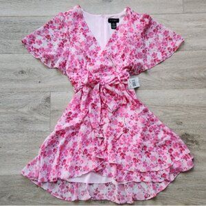 B. Smart Pink Floral Dress Women Juniors 5 Flutter Sleeve Dress Faux Wrap Ruffle